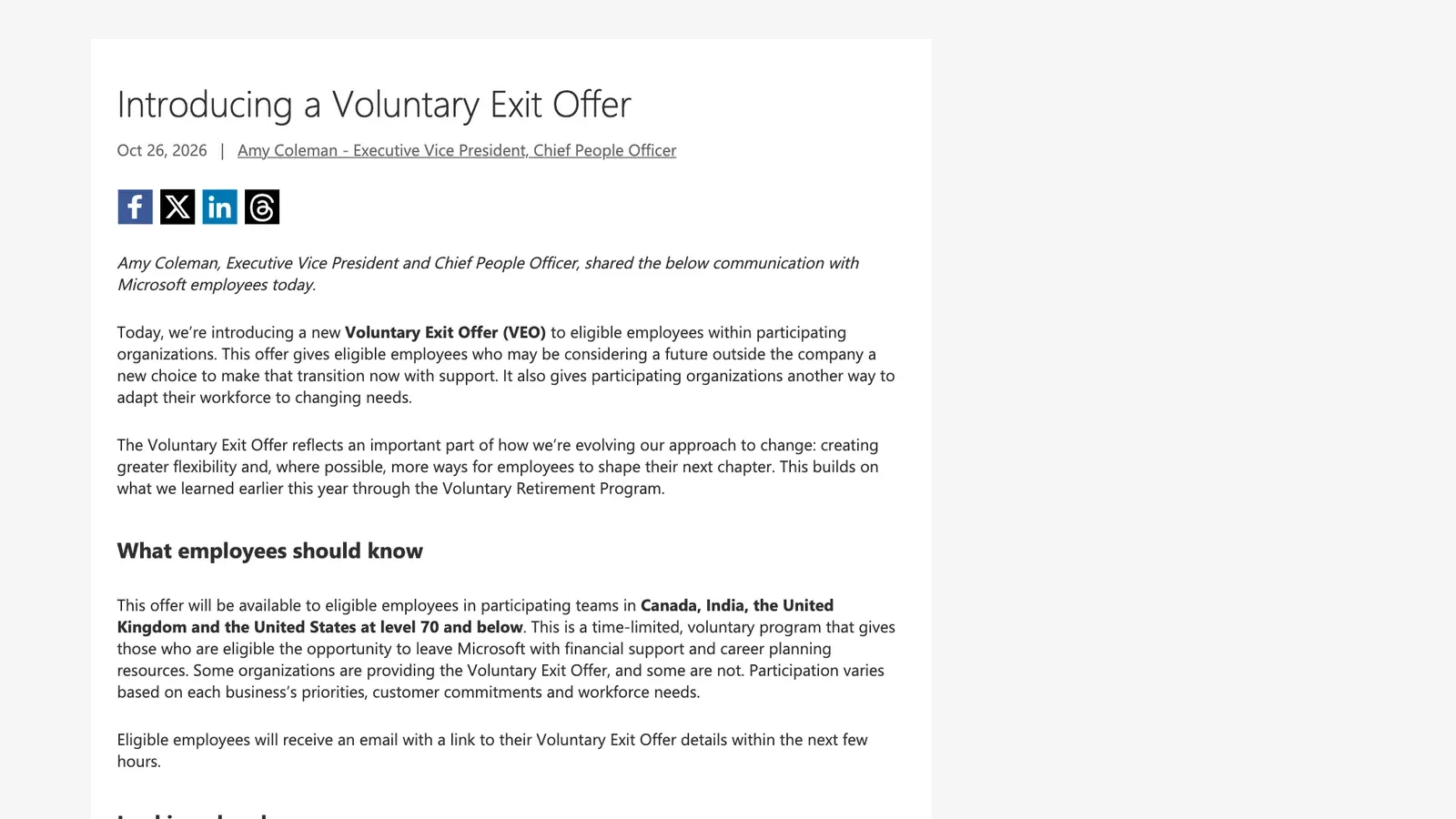 ภาพหน้าจอประกาศ Microsoft Voluntary Exit Offer บนบล็อกทางการของ Microsoft วันที่ 26 ตุลาคม 2026 โดย Amy Coleman ระบุว่าเปิดให้พนักงานระดับ 70 ลงมาในแคนาดา อินเดีย สหราชอาณาจักร และสหรัฐฯ