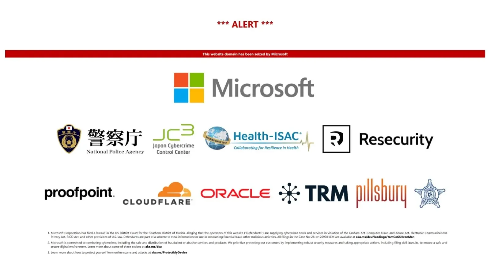 หน้าแจ้งว่าโดเมนถูก Microsoft ยึด แสดงโลโก้ Microsoft สำนักงานตำรวจแห่งชาติญี่ปุ่น JC3 Health-ISAC Resecurity Proofpoint Cloudflare Oracle TRM และหน่วยงานอื่นที่ร่วมปฏิบัติการกับ YAM Store