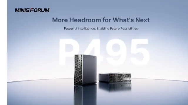 MINISFORUM MS-S1 MAX-P495 มินิพีซีสีเทาเข้มสองเครื่อง วางตั้งและวางนอน หน้าตัวอักษร P495 ขนาดใหญ่
