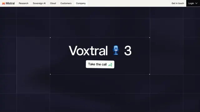 หน้าประกาศ Voxtral 3 บนเว็บไซต์ Mistral AI พร้อมปุ่ม Take the call สำหรับทดลองคุยกับ Voice Agent
