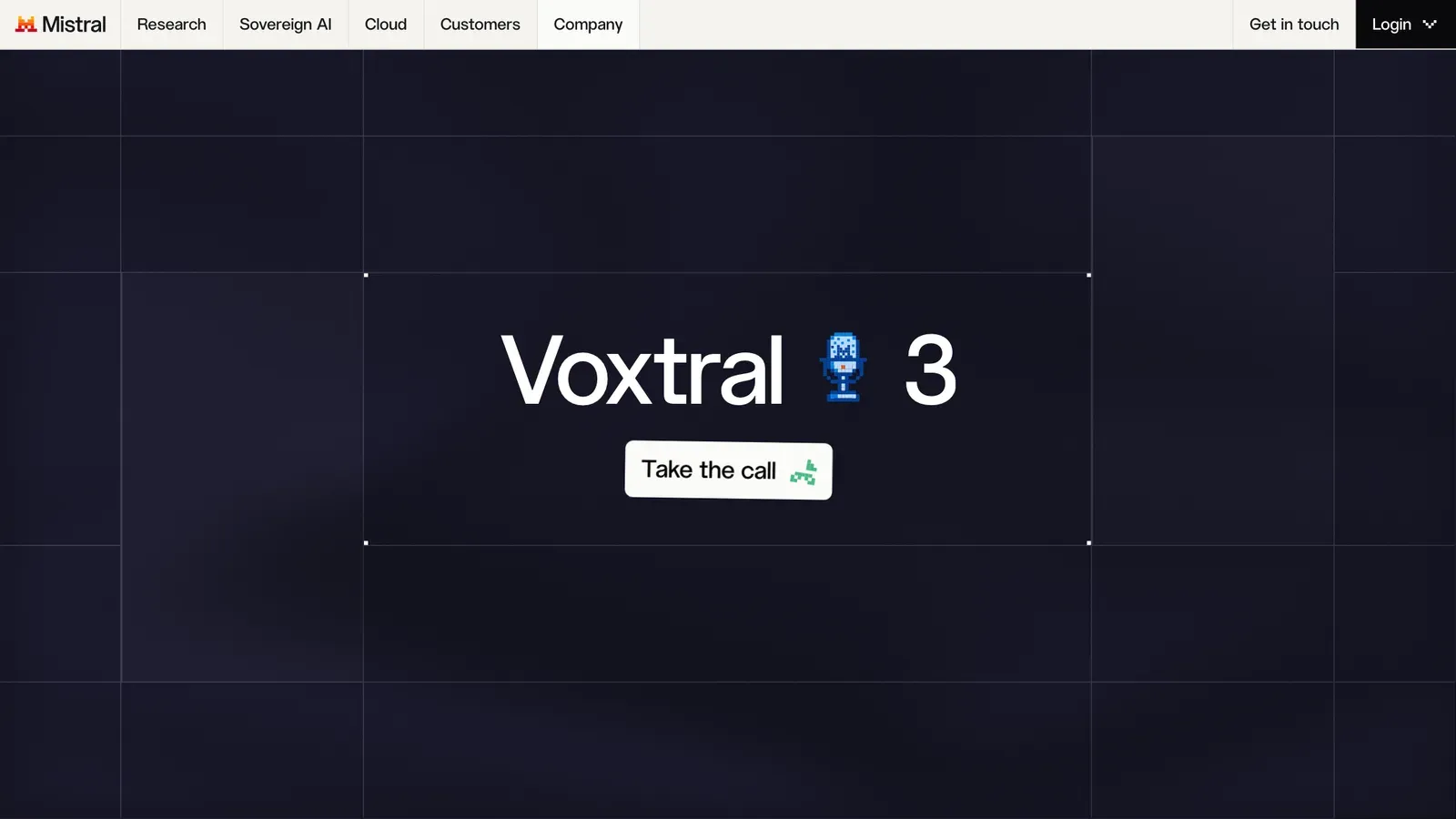 หน้าประกาศ Voxtral 3 บนเว็บไซต์ Mistral AI พร้อมปุ่ม Take the call สำหรับทดลองคุยกับ Voice Agent