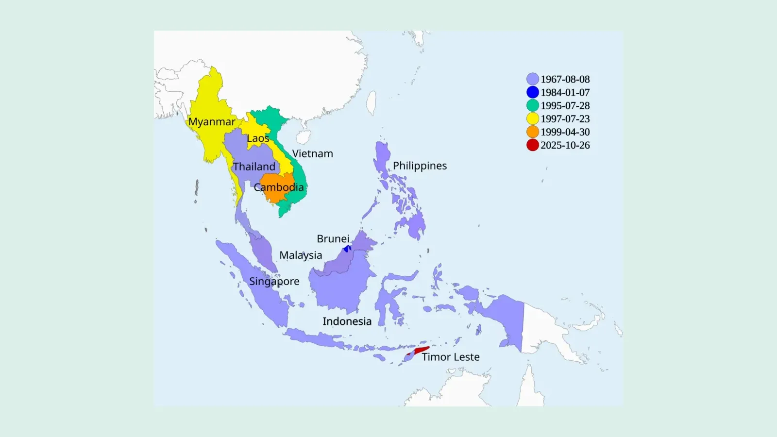 แผนที่ประเทศสมาชิกอาเซียน 11 ประเทศ แยกสีตามวันที่เข้าเป็นสมาชิก โดยเมียนมาและลาวเข้าร่วมเมื่อ 23 กรกฎาคม 1997