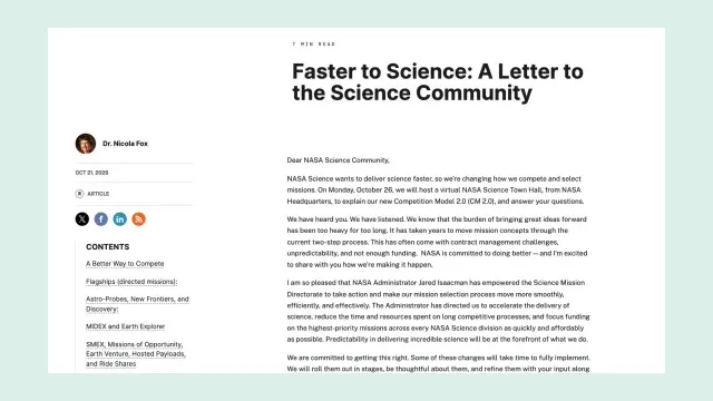 ภาพหน้าจอจดหมาย Faster to Science ของ NASA ที่ประกาศ NASA Competition Model 2.0 ลงวันที่ 21 ตุลาคม 2026