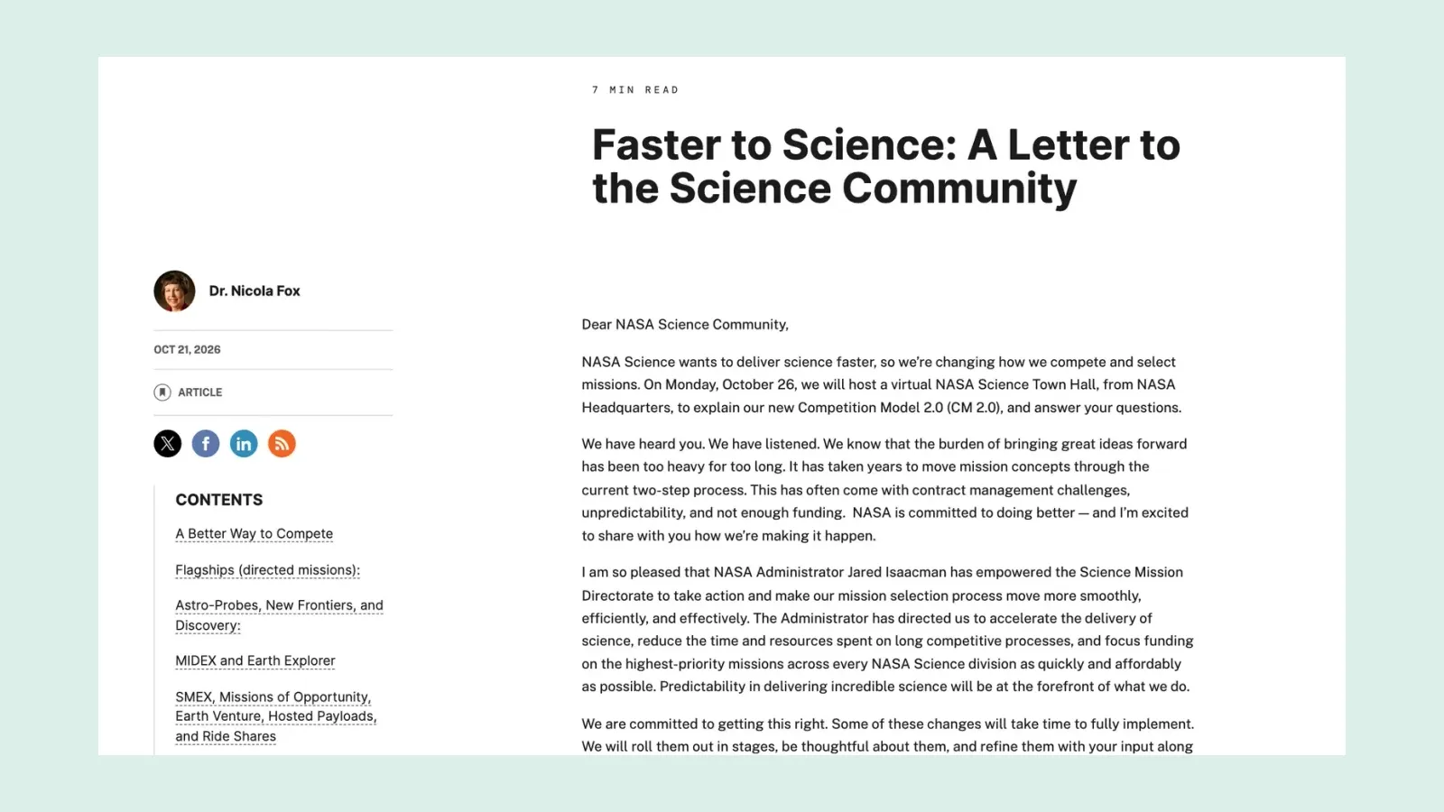 ภาพหน้าจอจดหมาย Faster to Science ของ NASA ที่ประกาศ NASA Competition Model 2.0 ลงวันที่ 21 ตุลาคม 2026