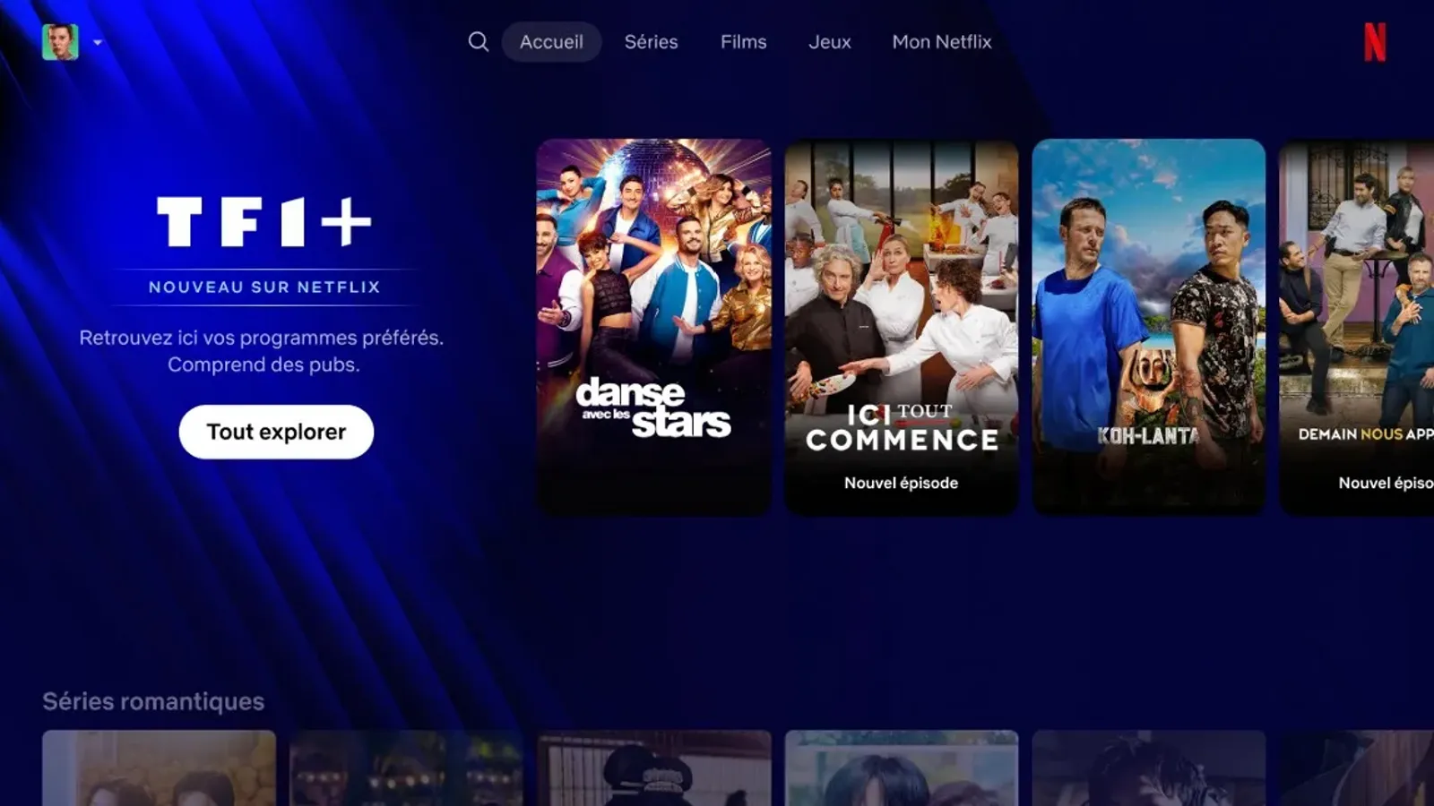 หน้าจอ Netflix บนทีวีในฝรั่งเศสแสดงพื้นที่ TF1+ ป้าย Nouveau sur Netflix และรายการของสถานี TF1 เรียงอยู่ในหน้าแรก จากจดหมายถึงผู้ถือหุ้น Netflix Q3 2026
