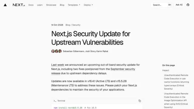 หน้าประกาศ Next.js Security Update for Upstream Vulnerabilities วันที่ 14 ตุลาคม 2026 แนะนำให้อัปเกรดเป็น Next.js 16.4.1 หรือ 15.5.28