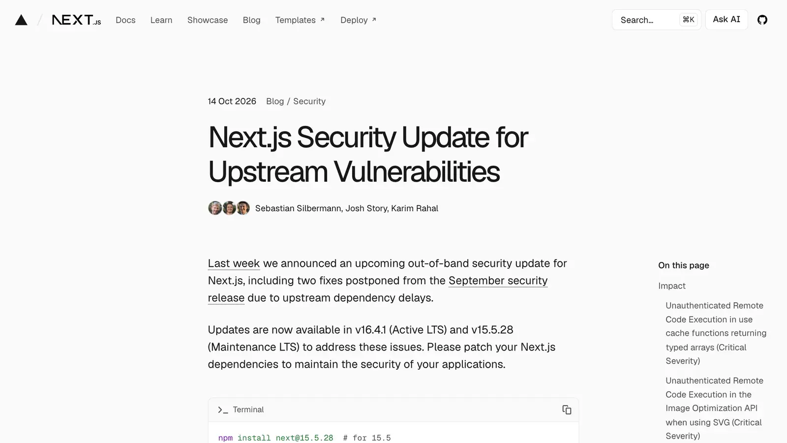 หน้าประกาศ Next.js Security Update for Upstream Vulnerabilities วันที่ 14 ตุลาคม 2026 แนะนำให้อัปเกรดเป็น Next.js 16.4.1 หรือ 15.5.28