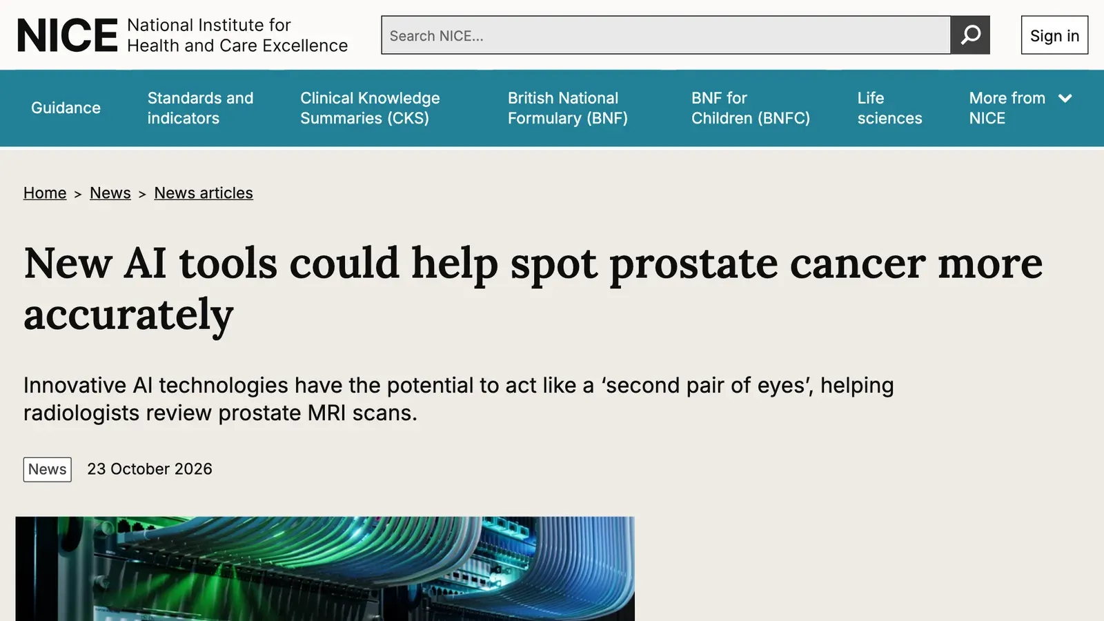 หน้าข่าวของ NICE ลงวันที่ 23 ตุลาคม 2026 หัวข้อ New AI tools could help spot prostate cancer more accurately เรื่อง NICE AI มะเร็งต่อมลูกหมาก