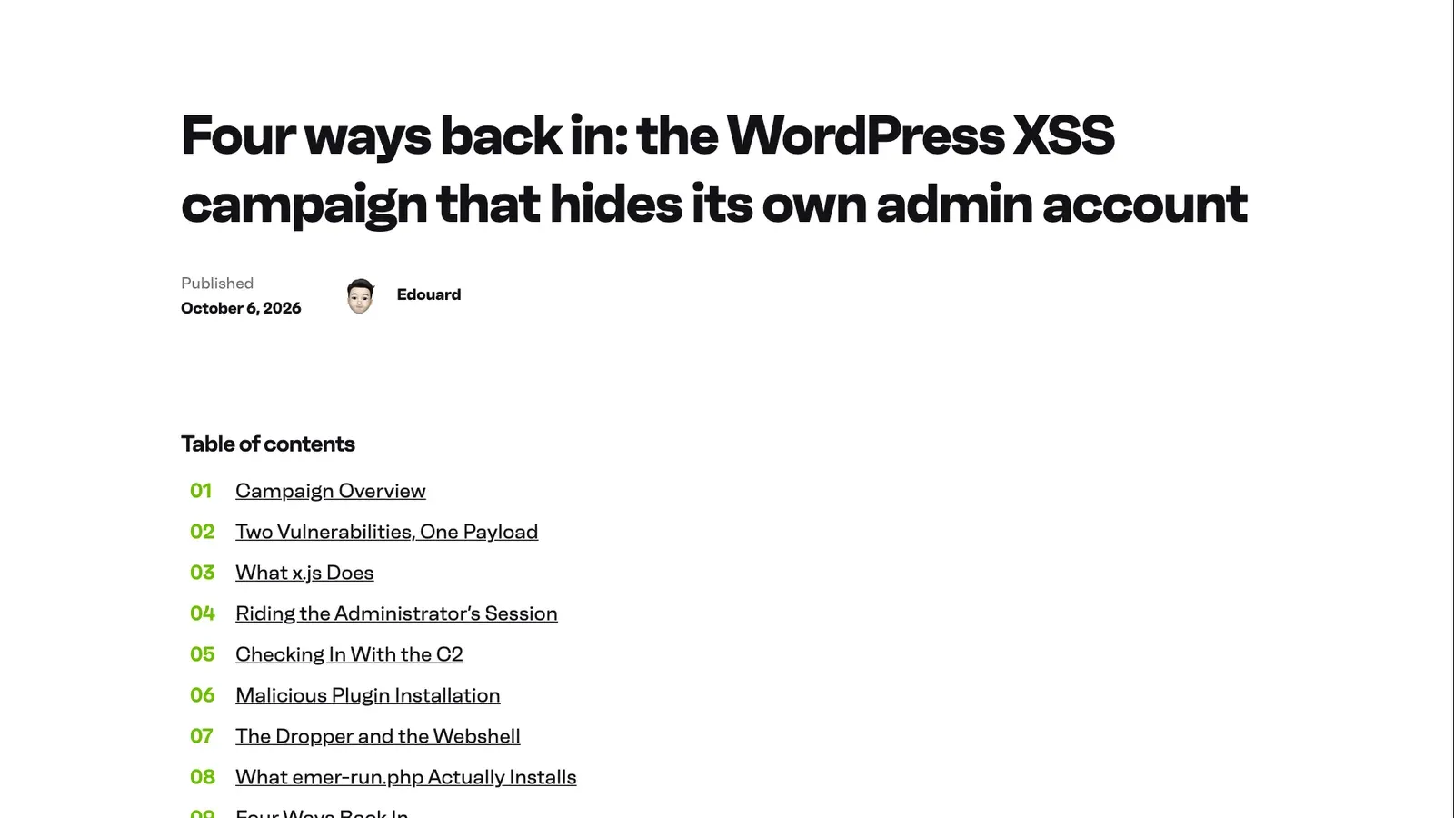 ภาพหน้าจอรายงาน Four ways back in: the WordPress XSS campaign that hides its own admin account ของ Patchstack เผยแพร่ 6 ตุลาคม 2026