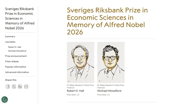 หน้าประกาศรางวัลโนเบลเศรษฐศาสตร์ 2026 บนเว็บไซต์ NobelPrize.org แสดงภาพวาดของ Robert E. Hall และ Michael Woodford ผู้ได้รับรางวัลคนละครึ่ง