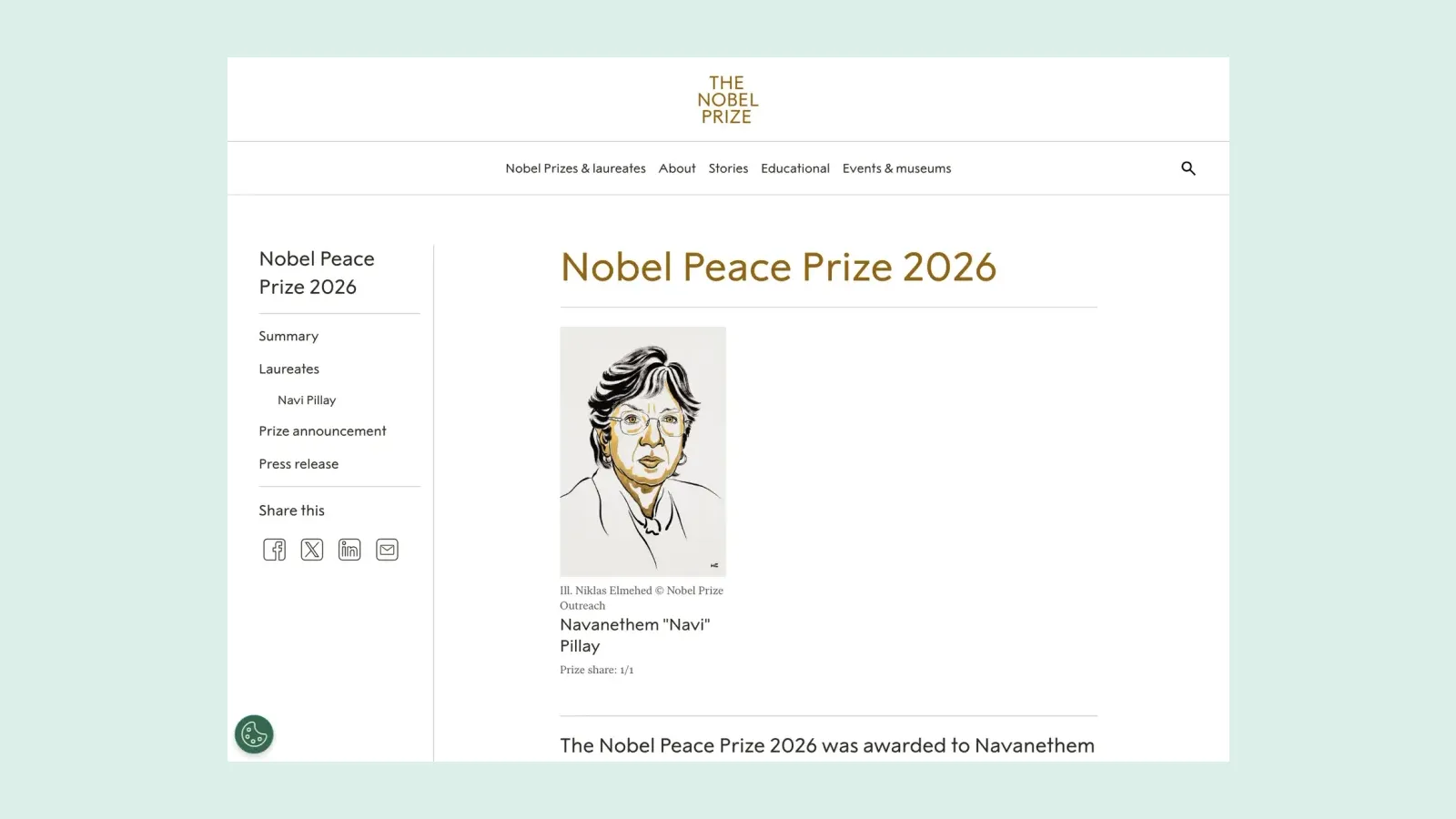 หน้าสรุปรางวัลโนเบลสันติภาพ 2026 บน NobelPrize.org ระบุผู้ได้รับรางวัล Navanethem Navi Pillay ส่วนแบ่งรางวัล 1/1