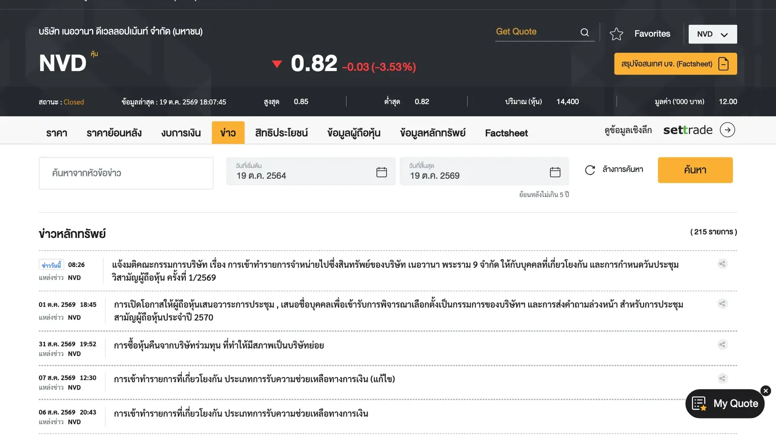 หน้าข่าวหลักทรัพย์ NVD บนเว็บไซต์ตลาดหลักทรัพย์แห่งประเทศไทย แสดงประกาศวันที่ 19 ต.ค. 2569 เวลา 08:26 น. ที่ NVD ขายที่ดินให้ผู้ถือหุ้นใหญ่ซึ่งเป็นบุคคลที่เกี่ยวโยงกัน และกำหนดวันประชุมวิสามัญผู้ถือหุ้นครั้งที่ 1/2569