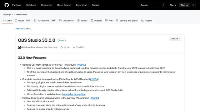 หน้า release ของ OBS Studio 33 บน GitHub แสดงฟีเจอร์ใหม่ เช่น อัปเดต CEF และระบบโหลดปลั๊กอินใหม่