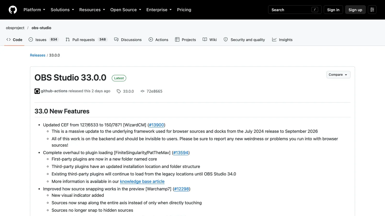 หน้า release ของ OBS Studio 33 บน GitHub แสดงฟีเจอร์ใหม่ เช่น อัปเดต CEF และระบบโหลดปลั๊กอินใหม่