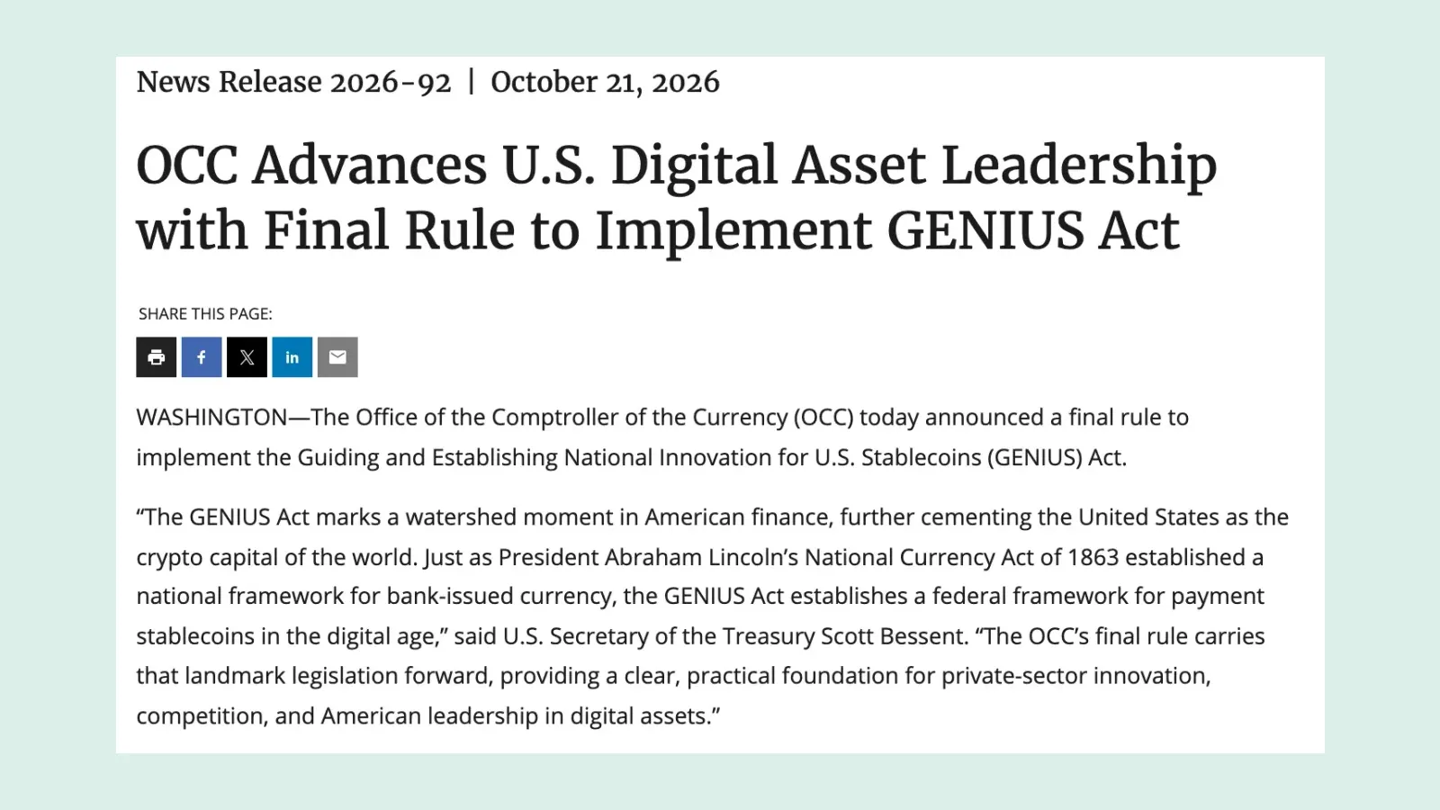ภาพหน้าจอข่าวแจก OCC News Release 2026-92 วันที่ 21 ตุลาคม 2026 เรื่อง OCC ออกกฎ GENIUS Act ฉบับสุดท้าย
