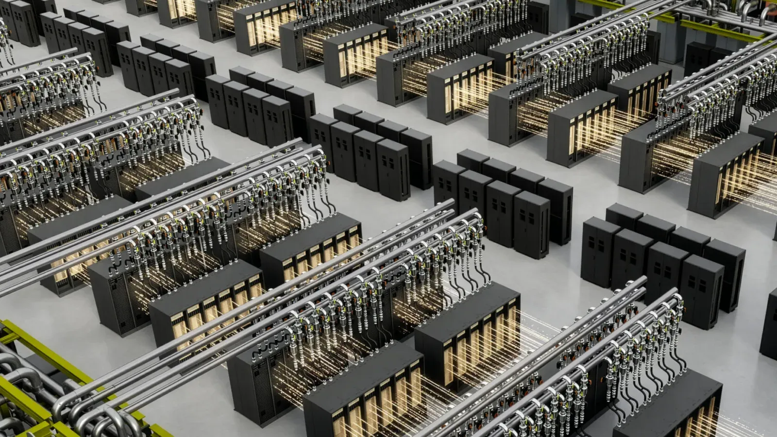 ภาพจำลองแถวแร็ก AI ที่ระบายความร้อนด้วยของเหลวในโรงงาน AI ซึ่ง NVIDIA ใช้ประกอบประกาศในงาน OCP Global Summit 2026