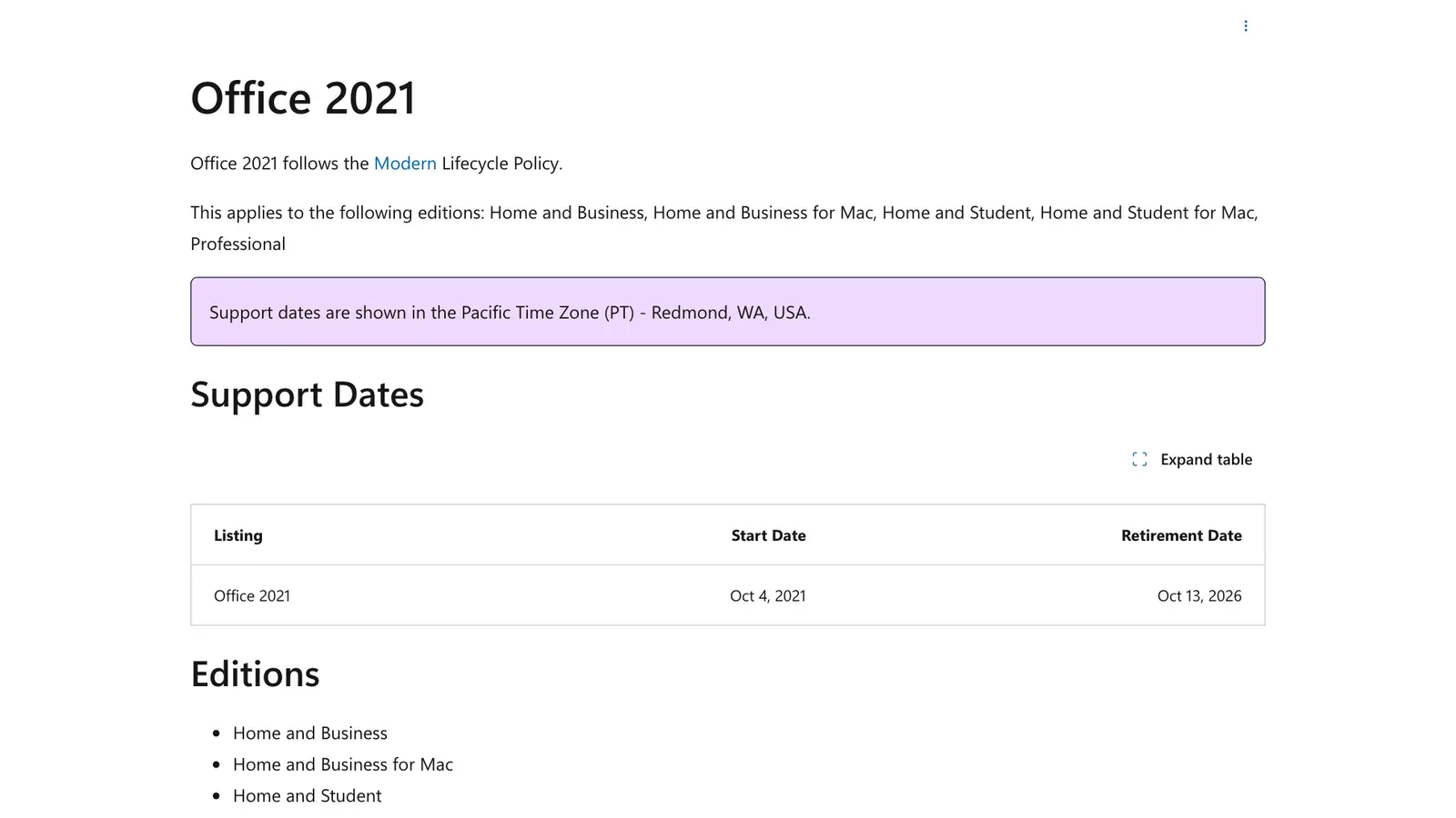 ภาพหน้าจอหน้า Microsoft Lifecycle ของ Office 2021 ระบุวันเริ่ม 4 ต.ค. 2021 และวันสิ้นสุด 13 ต.ค. 2026 พร้อมรุ่นย่อย Home and Business, Home and Student และ Professional