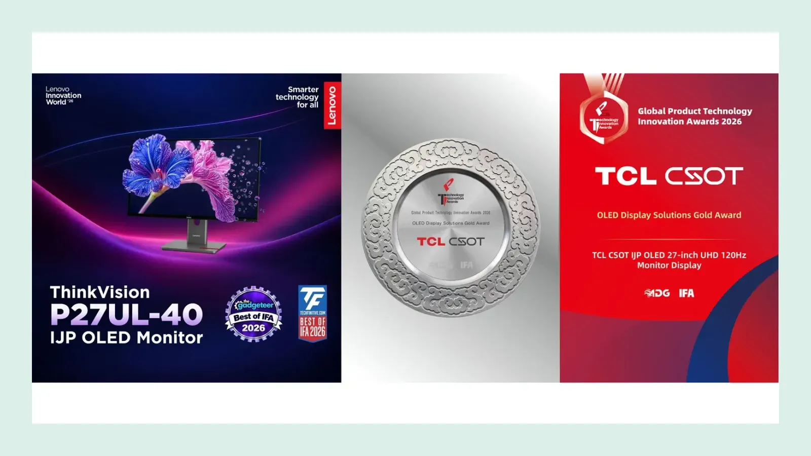 Lenovo ThinkVision P27UL-40 จอ OLED แบบ IJP ขนาด 27 นิ้ว คู่กับโล่รางวัล OLED Display Solutions Gold Award ของ TCL CSOT