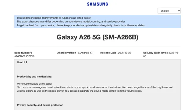 One UI 9 ประเทศไทย: หน้าบันทึกการอัปเดตภูมิภาคไทยของ Galaxy A26 5G แสดง Android 17 ออกวันที่ 2026-10-22 แพตช์ 2026-10-05