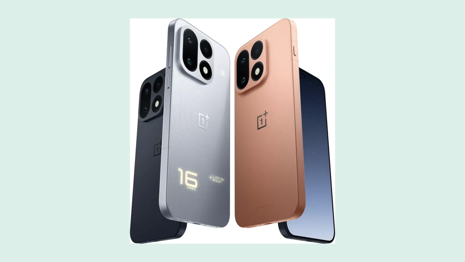 OnePlus 16 ทั้งสามสี ได้แก่สีเข้ม สีเงิน และสีส้มทองแดง จากเว็บไซต์ OnePlus จีน