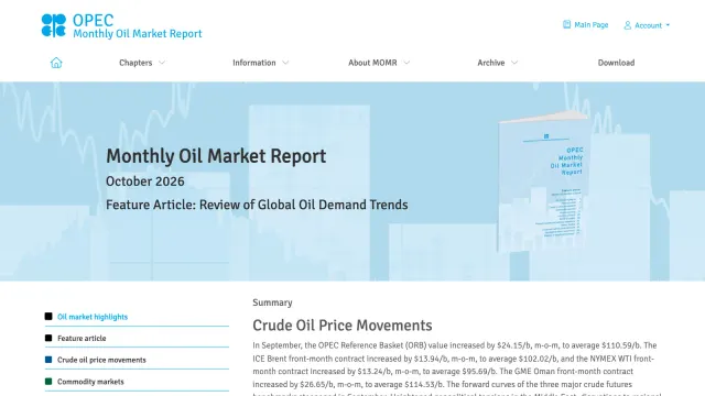 หน้ารายงานตลาดน้ำมันรายเดือน (MOMR) ฉบับตุลาคม 2026 ของ OPEC บนเว็บไซต์ OPEC Digital Publications