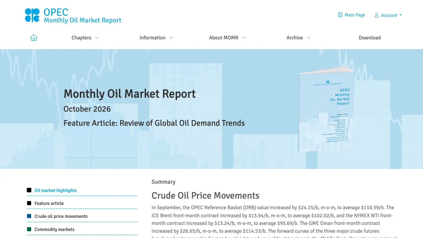 หน้ารายงานตลาดน้ำมันรายเดือน (MOMR) ฉบับตุลาคม 2026 ของ OPEC บนเว็บไซต์ OPEC Digital Publications