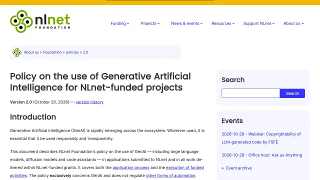 หน้านโยบาย AI โอเพนซอร์สของ NLnet รุ่น 2.0 ลงวันที่ 20 ตุลาคม 2026 สำหรับโครงการที่รับทุน
