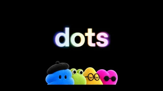 ภาพประกอบการเปิดตัว Dots ของ OpenAI เป็นคำว่า dots และตัวการ์ตูนหลากสีบนพื้นดำ