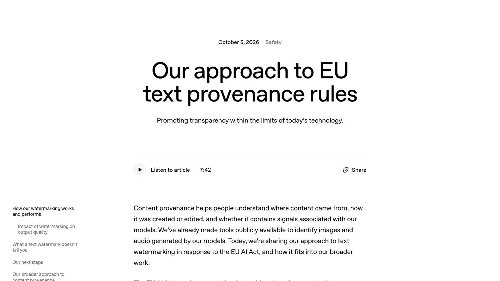 ภาพหน้าจอประกาศของ OpenAI ลงวันที่ 5 ตุลาคม 2026 เรื่อง Our approach to EU text provenance rules ว่าด้วยลายน้ำข้อความตาม EU AI Act