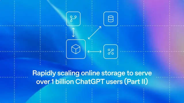 ภาพประกอบบทความของ OpenAI เรื่อง OpenAI Habitat: Rapidly scaling online storage to serve over 1 billion ChatGPT users (Part II) เป็นไอคอนฐานข้อมูลและกล่องเชื่อมกันบนพื้นสีน้ำเงิน