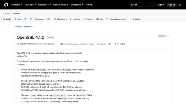 หน้า release ของ OpenSSL 4.1 บน GitHub แสดงรายการเปลี่ยนแปลงที่อาจไม่เข้ากับของเดิมและฟีเจอร์ DTLS 1.3