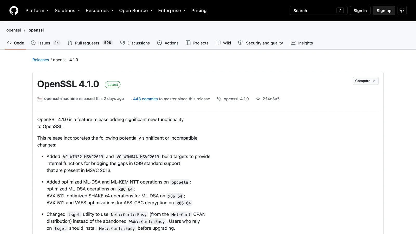 หน้า release ของ OpenSSL 4.1 บน GitHub แสดงรายการเปลี่ยนแปลงที่อาจไม่เข้ากับของเดิมและฟีเจอร์ DTLS 1.3