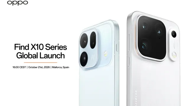 ภาพเชิญงานเปิดตัว OPPO Find X10 series ทั่วโลก 16:00 CEST วันที่ 21 ตุลาคม 2026 ที่มายอร์กา สเปน พร้อมเครื่องสีฟ้าและสีขาว