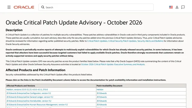 หน้าประกาศ Oracle Critical Patch Update Advisory - October 2026 ระบุว่า Oracle CPU ตุลาคม 2026 มีแพตช์ความปลอดภัยใหม่ 1,295 แพตช์