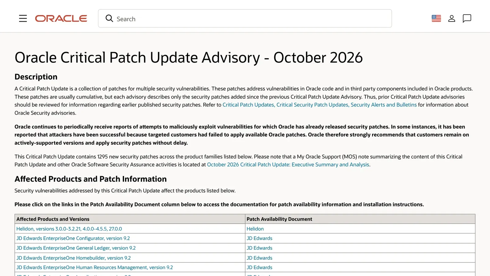 หน้าประกาศ Oracle Critical Patch Update Advisory - October 2026 ระบุว่า Oracle CPU ตุลาคม 2026 มีแพตช์ความปลอดภัยใหม่ 1,295 แพตช์
