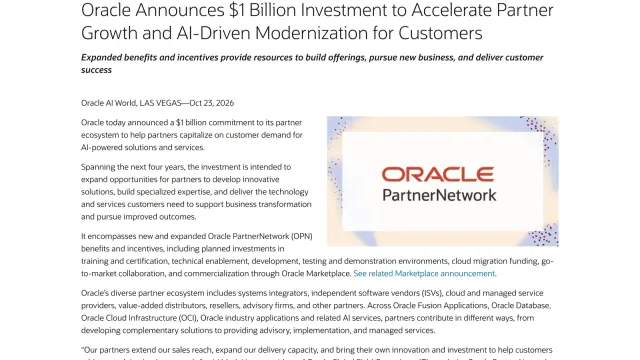 หน้าข่าว Oracle ลงทุนพาร์ทเนอร์ 1 พันล้านดอลลาร์ ลงวันที่ 23 ตุลาคม 2026 ในงาน Oracle AI World ลาสเวกัส พร้อมโลโก้ Oracle PartnerNetwork