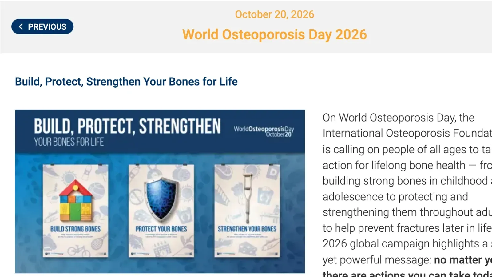 หน้าข่าววันโรคกระดูกพรุนโลก 2026 ของ IOF ลงวันที่ 20 ตุลาคม 2026 ธีม Build, Protect, Strengthen Your Bones for Life ประกอบเรื่องกระดูกพรุนในผู้ชาย