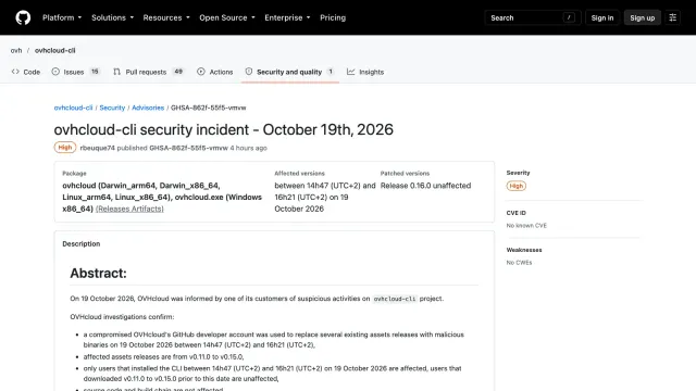 หน้า security advisory GHSA-862f-55f5-vmvw ของ OVHcloud บน GitHub เรื่อง ovhcloud-cli security incident วันที่ 19 ตุลาคม 2026 ระดับ High