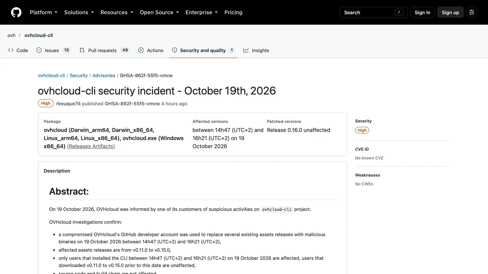 หน้า security advisory GHSA-862f-55f5-vmvw ของ OVHcloud บน GitHub เรื่อง ovhcloud-cli security incident วันที่ 19 ตุลาคม 2026 ระดับ High