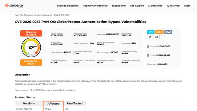 หน้าประกาศ CVE-2026-0257 ของ Palo Alto Networks เรื่อง PAN-OS GlobalProtect Authentication Bypass ระบุความเร่งด่วนสูงสุด คะแนน 7.8 ระดับ High สถานะ ATTACKED เผยแพร่ 13 พฤษภาคม 2026