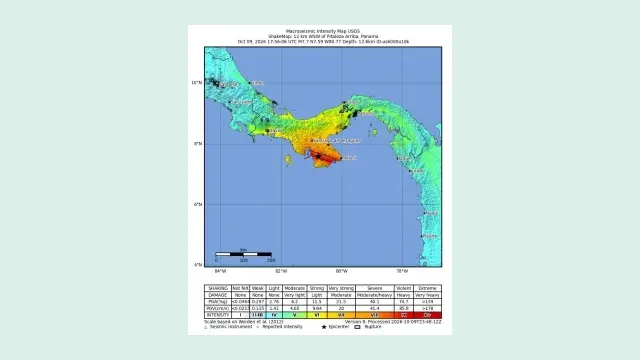 แผนที่ความรุนแรงของแรงสั่น (ShakeMap) ของ USGS แผ่นดินไหวปานามาขนาด 7.7 วันที่ 9 ตุลาคม 2026 ศูนย์กลางบนคาบสมุทร Azuero ลึก 12.6 กม.
