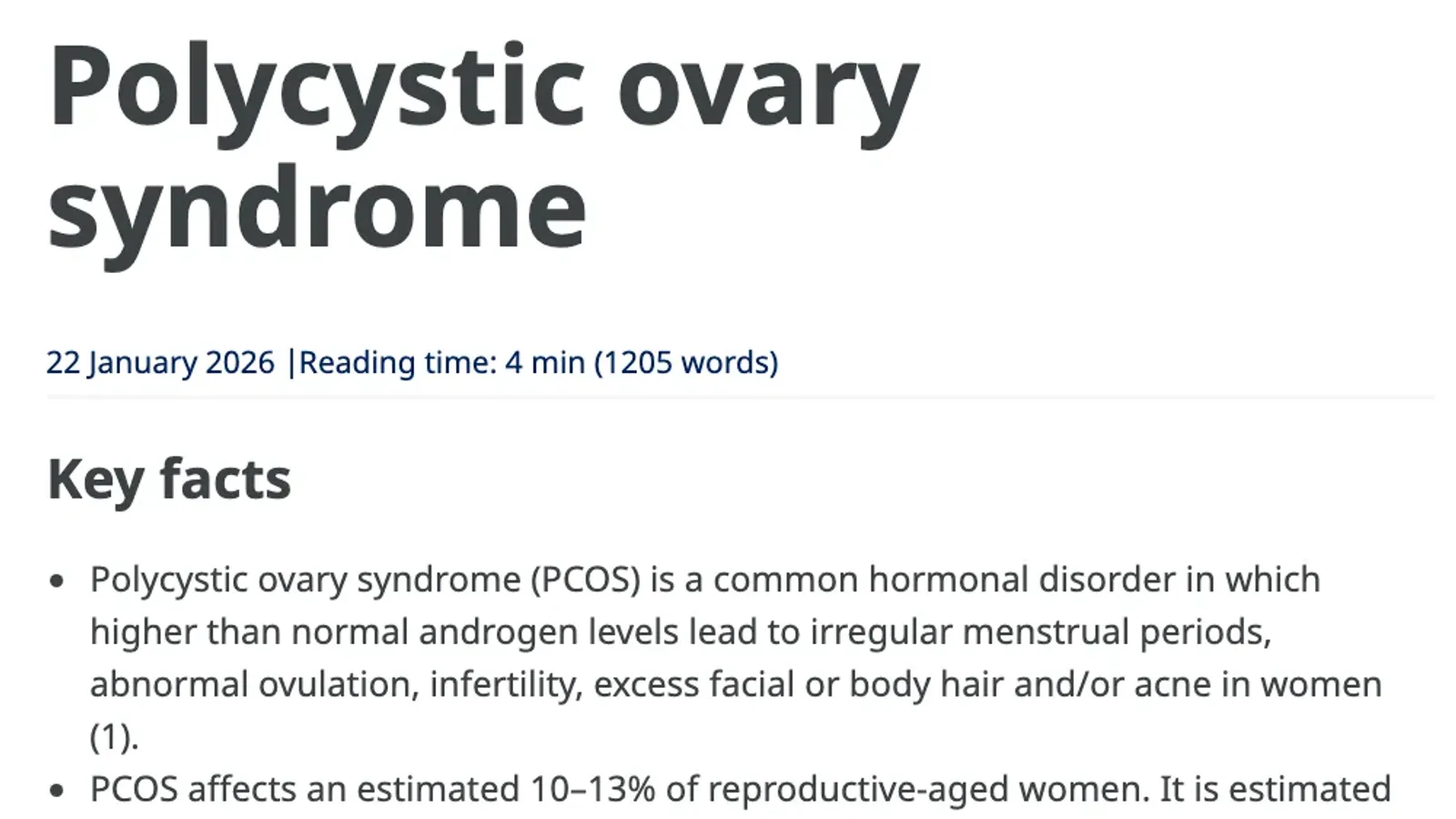 เอกสารข้อเท็จจริงของ WHO เรื่องภาวะถุงน้ำรังไข่หลายใบ (Polycystic ovary syndrome) ฉบับ 22 มกราคม 2026