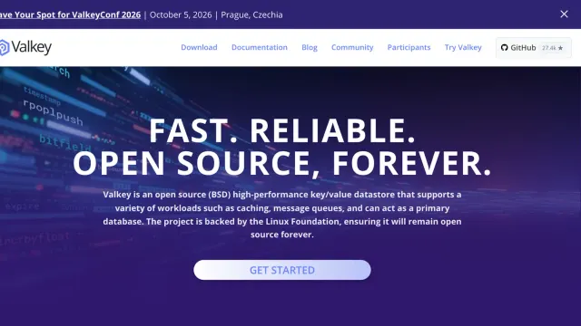 หน้าแรกเว็บไซต์ valkey.io ข้อความ Fast. Reliable. Open source, forever. ระบุว่า Valkey เป็นที่เก็บข้อมูล key/value โอเพนซอร์สสัญญาอนุญาต BSD ที่มี Linux Foundation หนุนหลัง