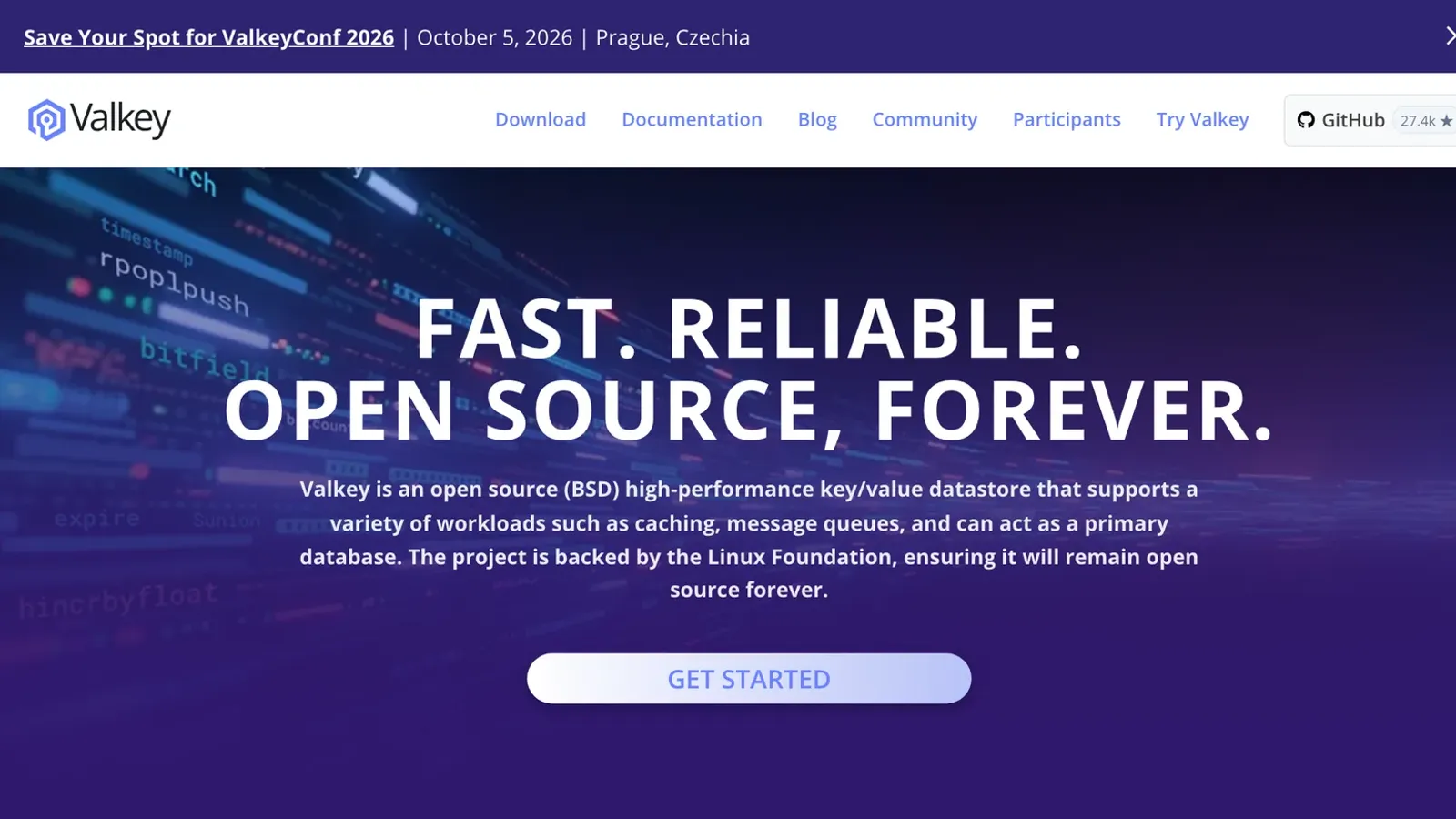 หน้าแรกเว็บไซต์ valkey.io ข้อความ Fast. Reliable. Open source, forever. ระบุว่า Valkey เป็นที่เก็บข้อมูล key/value โอเพนซอร์สสัญญาอนุญาต BSD ที่มี Linux Foundation หนุนหลัง