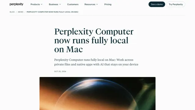 ประกาศ Perplexity Computer now runs fully local on Mac วันที่ 20 ตุลาคม 2026 พร้อมภาพประกอบ Mac mini