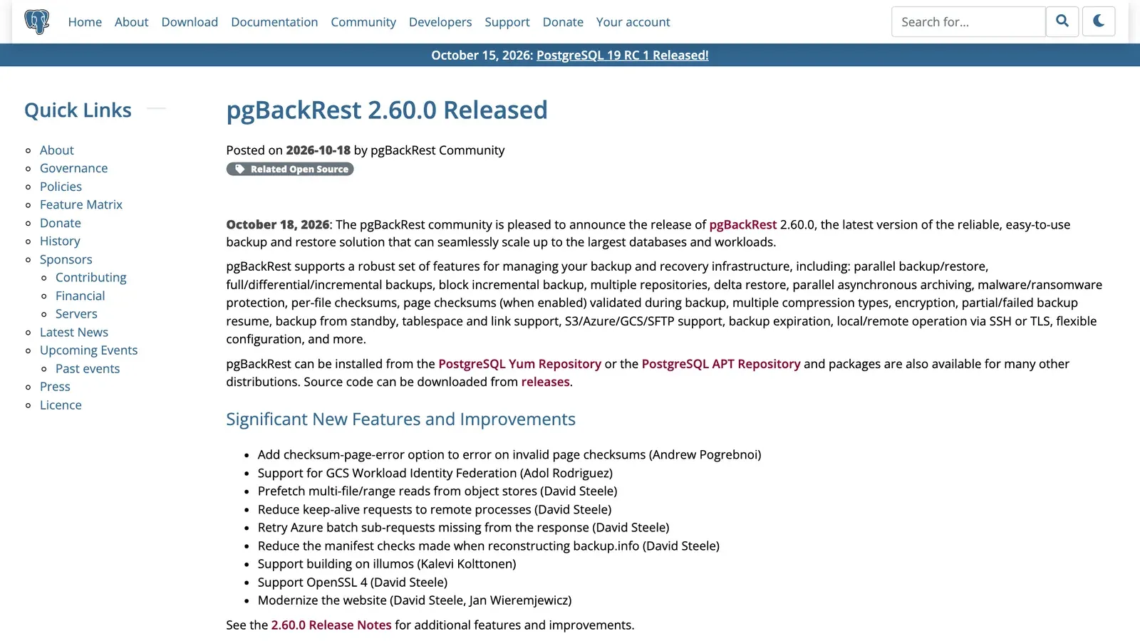 ประกาศ pgBackRest 2.60.0 Released บน postgresql.org โพสต์วันที่ 18 ตุลาคม 2026 โดย pgBackRest Community