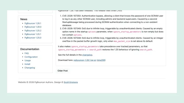 หน้าประกาศ PgBouncer 1.26.1 บน pgbouncer.org ลงวันที่ 14 ตุลาคม 2026 รายการช่องโหว่ CVE-2026-107350, CVE-2026-107349 และ CVE-2026-107348