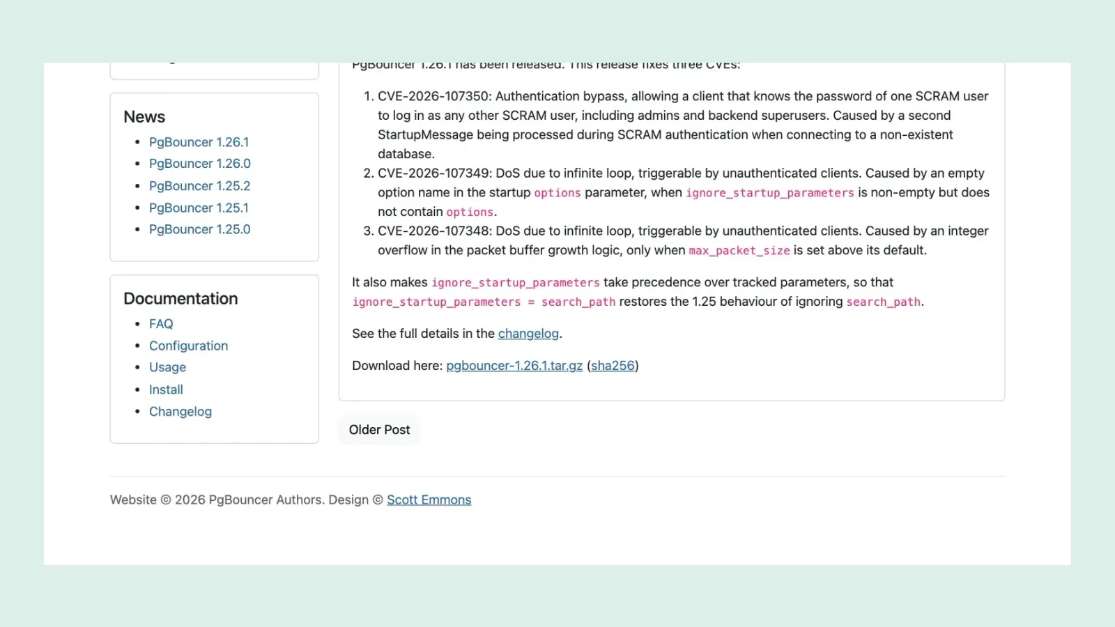 หน้าประกาศ PgBouncer 1.26.1 บน pgbouncer.org ลงวันที่ 14 ตุลาคม 2026 รายการช่องโหว่ CVE-2026-107350, CVE-2026-107349 และ CVE-2026-107348
