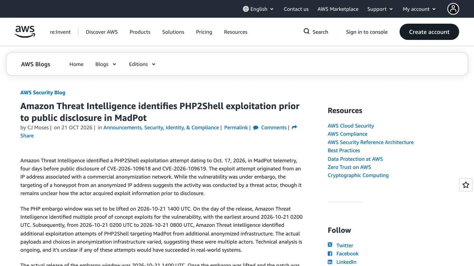 บล็อก AWS Security วันที่ 21 ตุลาคม 2026 เรื่อง Amazon Threat Intelligence พบการโจมตี PHP2Shell ใน MadPot ตั้งแต่ 17 ตุลาคม ก่อนเปิดเผยช่องโหว่ 4 วัน และระบุว่า PHP2Shell ถูกโจมตีในวงกว้างแล้ว