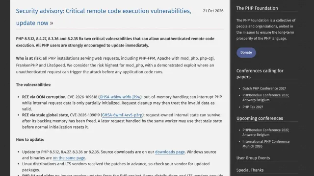 ประกาศ Security advisory ของ php.net วันที่ 21 ตุลาคม 2026 ให้แพตช์ PHP2Shell ในรุ่น 8.5.12, 8.4.27, 8.3.36 และ 8.2.35 ระบุผู้ที่มีความเสี่ยง วิธีอัปเดต และมาตรการชั่วคราว